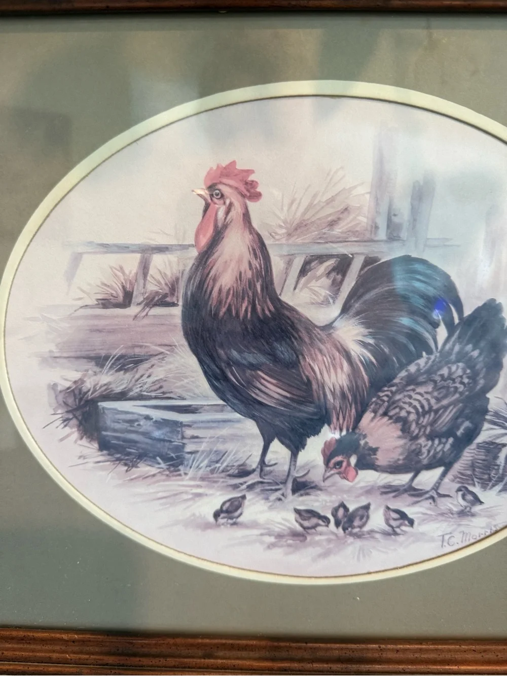 Farmhouse Rooster Wall Art in Brown Frame with Olive Mat